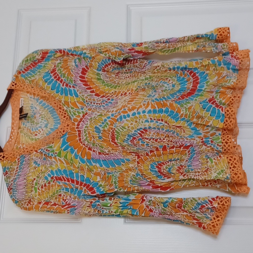Essentials by Milano bright multi color long sleeve sheer polyester size Large